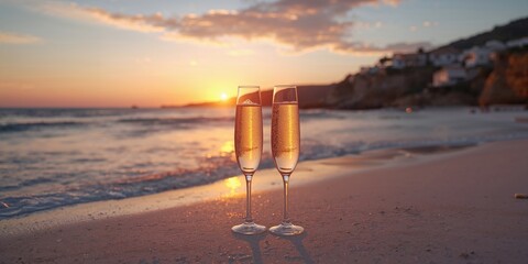 Champagne flutes placed on a sandy shoreline at sunset, highlighting leisure activities, World Tourism Day