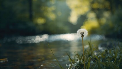 Dandelion seed head close-up beside a creek, used as a natural backdrop for text or design elements