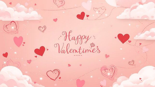 Happy Valentine's Day pink heart background with clouds
