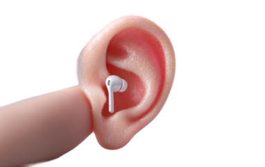 Whimsical ear emoji design with miniature earbud conveying sound, communication, and listening experience isolated on transparent background PNG