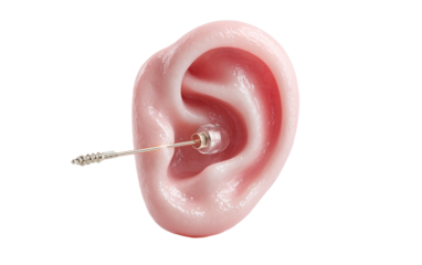 Creative ear emoji illustration holding small earbud symbolizing headphones audio device and tech interaction isolated on transparent background PNG