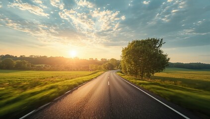 Fototapeta premium Sunlit highway scene in warm weather, focusing on road safety for summer travel