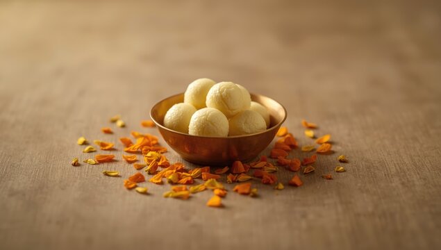 A bowl of ras malai with floral garnish highlighting Indian dessert aesthetics, ideal for festival food displays