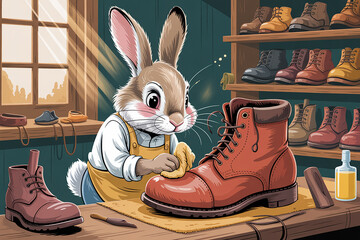 Rabbit cobbler polishing a red boot in workshop shoemaker