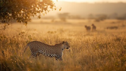 Wild leopard moving stealthily through vegetation, focused on hunting
