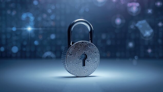Modern digital circuit lock featuring keyhole for secure access, focusing on safety protocols and protection - Powered by Adobe