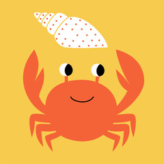 Vector illustration of a cute funny crab with a shell on the beach
