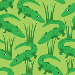 Vector seamless pattern with funny crocodiles on the river
