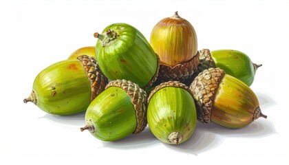 Group of acorns resting, varying shades of green and brown, natural collection on white