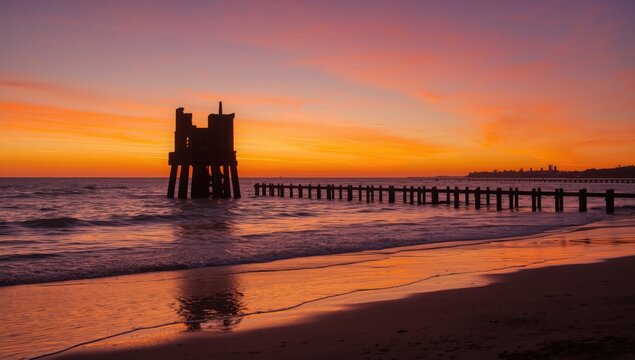 Summer sunset silhouettes at Port Willunga water, sky, beach, travel, nature, landscape, sun, sea, wave, blue, scenic view as a background for travel websites