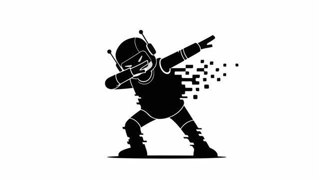 Playful robot character doing a popular dab dance move with digital pixel effect