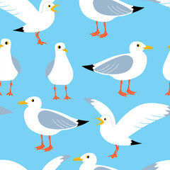 Vector seamless pattern with seagulls on a blue background