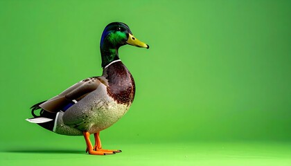 Obraz premium Male Mallard Duck Stands Profile Against Solid Green Background Studio Shot
