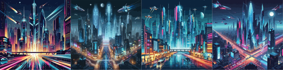 Futuristic city vector set at night