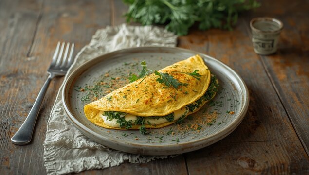 Vegetarian fried omelet with tofu and herbs served on vintage wood, highlighting meat-free breakfast options