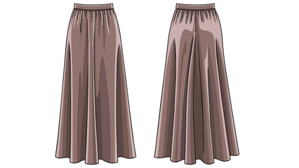 Elegant gathered waistline full length maxi skirt design illustration front and back view on white background