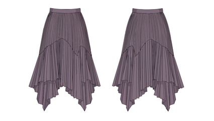 Elegant pleated asymmetric midi skirt fashion design illustration in a subtle lilac hue