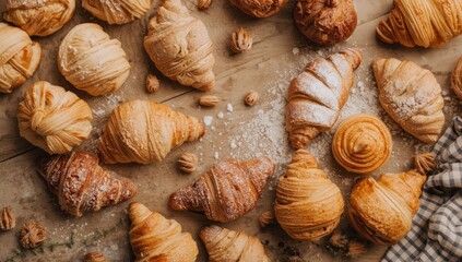 A collection of freshly baked pastries, with diverse shapes and textures, ideal for bakery presentation or breakfast service