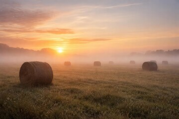 Foggy dawn with glowing sunrise behind scattered hay bales and ample copy space