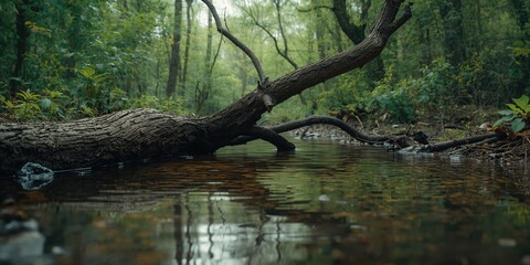Sunken tree in a puddle, illustrating sediment displacement and water reflection during rainy weather