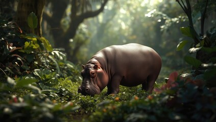 Herbivorous pygmy hippopotamus feeding on vegetables in a wildlife sanctuary, highlighting dietary habits and habitat preservation