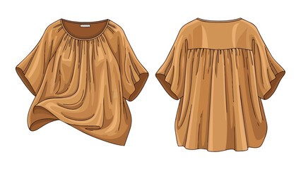 Elegant flowing bronze top with gathered neckline presented from front and back views minimalist style
