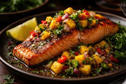 Succulent salmon fillet paired with spicy mango salsa and aromatic herb mix