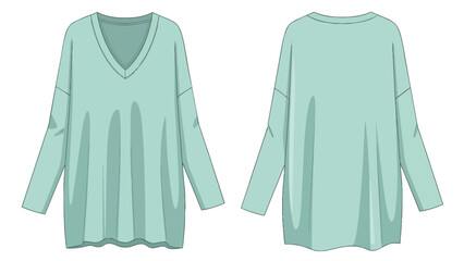 Front and back view of a loose-fitting mint green v-neck long-sleeved sweater illustration