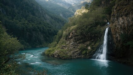 Fototapeta premium Mountain river scene with cascading waterfall and lush trees, emphasizing landscape preservation