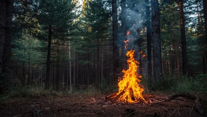 Logs and twigs burning with smoke among pine trees, outdoor adventure and camping preparation