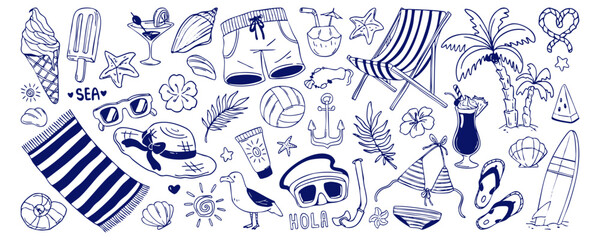 Obraz premium Sketch vintage beach summer vector set with palm trees and cocktails, seashells and nautical icons. Hand drawn doodle collection of tropical elements, accessories and coastal vacation symbols.