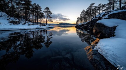 A serene winter landscape mirrors snow-covered trees and a colorful sunrise on a calm lake's reflective surface