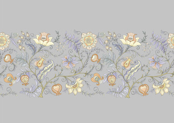 Botanical floral seamless ornament. Vintage hand drawn pattern with ornate garden flowers, leaves and intricate decorative swirls for textile wallpaper. Classic elegant motif design.