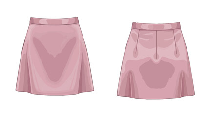 Delicate rose pink skirts front and back views showcasing pleated and smooth designs for fashion illustration