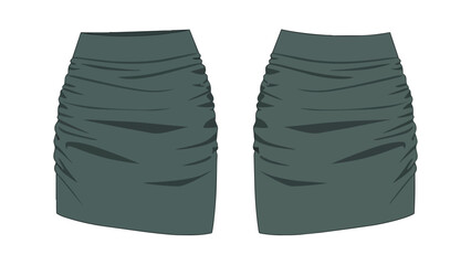 Fashionable charcoal grey ruched mini skirt design showcased from two angles on a white background