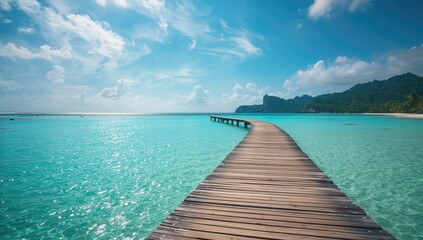 Naklejka premium Weathered wooden bridge crossing water under a bright sky, highlighting summer seaside scenery