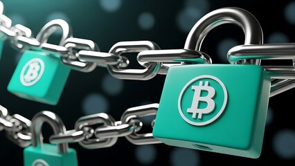 Closeup of bitcoin padlocks on chain, symbolizing secure cryptocurrency storage and protection