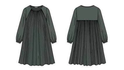 Elegant Pleated A-Line Dress Design Showing Front and Back Views in a Deep Olive Hue