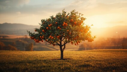 Orange tree showing young fruit development during autumn emphasizing agricultural cycle, aromatic scent, and traditional farming methods
