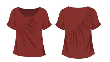 Elegant maroon short-sleeved top with unique ruched detailing on the front and back offering a stylish silhouette