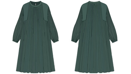 Elegant Teal Pleated Midi Dress Front and Back View with Long Sleeves