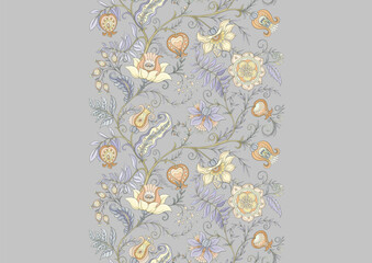 Botanical floral seamless ornament. Vintage hand drawn pattern with ornate garden flowers, leaves and intricate decorative swirls for textile wallpaper. Classic elegant motif design.