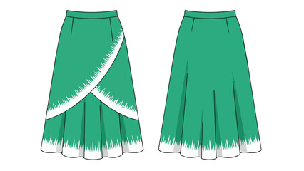 Elegant Emerald Green Wrap Skirt Design with Jagged White Trim Front and Back View Illustrations