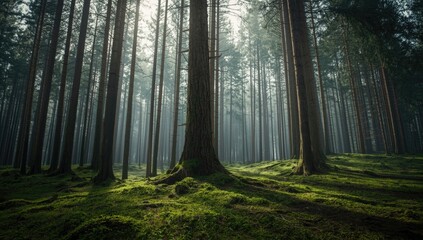 Obraz premium Scottish woodland scene with straight, towering pine trees highlighting forest conservation