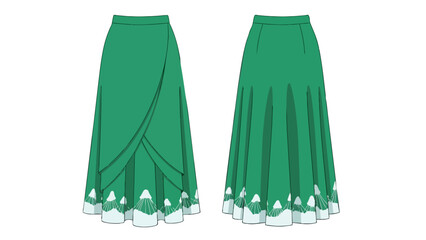 Elegant emerald green maxi skirt with layered wrap front and decorative hem detail
