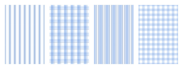 Set of Blue Classic Tablecloth Seamless Pattern. Traditional checkered and striped backgrounds for kitchen fabric and textile. Pastel gingham pattern. Repeat wallpaper. Vector aesthetic illustration