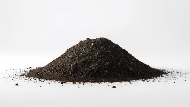 Soil material in a black dirt heap isolated on a white backdrop, used for environmental or scientific displays