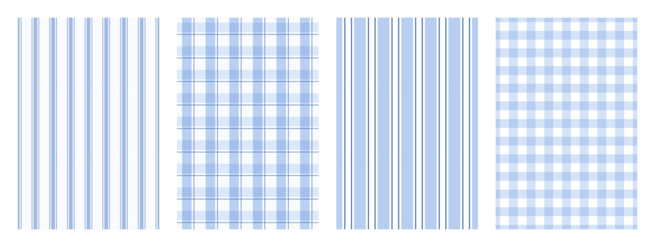 Set of Blue Classic Tablecloth Seamless Pattern. Traditional checkered and striped backgrounds for kitchen fabric and textile. Pastel gingham pattern. Repeat wallpaper. Vector aesthetic illustration