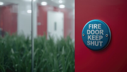 Detailed view of a blue fire door keep shut badge sign on red surface, highlighting emergency exit safety measures