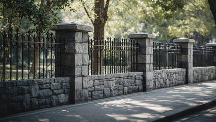 Stone and iron fence in a park background, emphasizing structural security and landscape separation